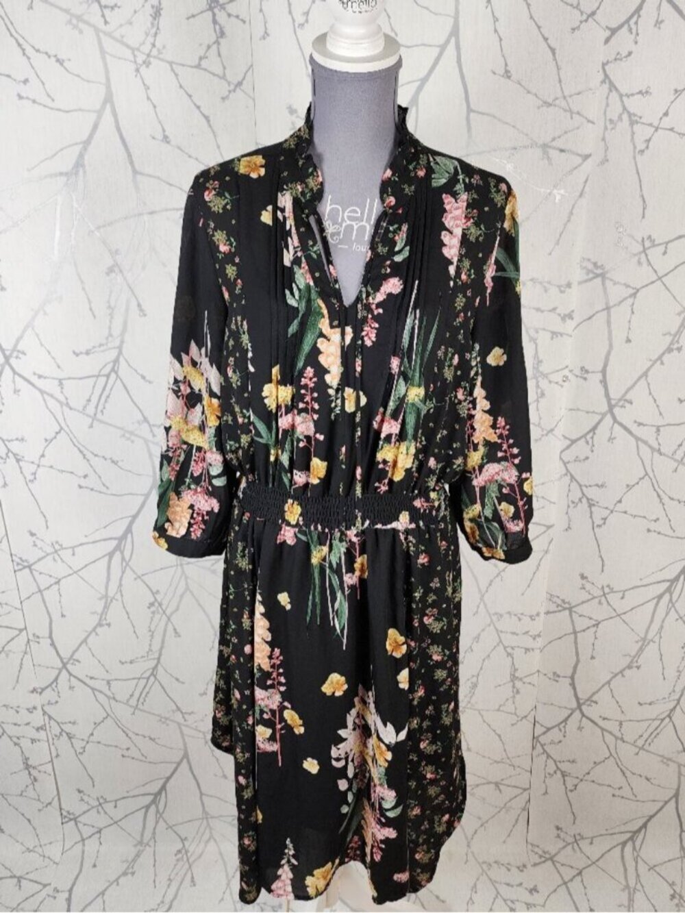 Fig and Flower Black Floral Print Pleated Front Peasant Midi Dress